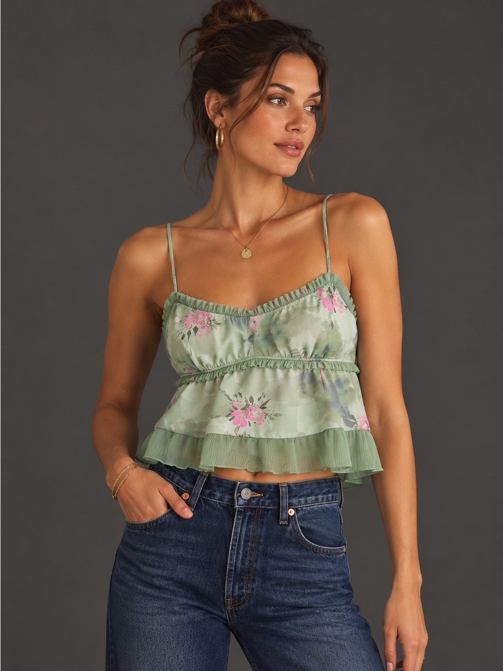By Anthropologie Silky Ruffle Cropped Babydoll Cami Top Size Medium